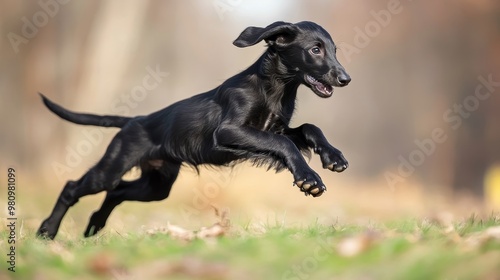 Energetic Black Borzoi Puppy Enjoying a Playful Run in a Sunlit Field