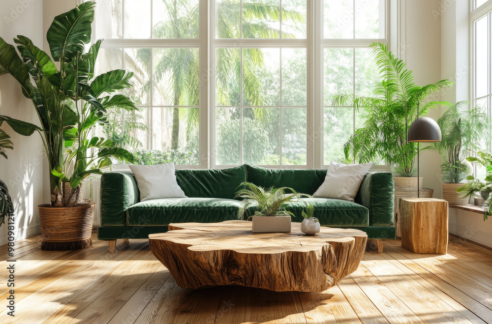 Design an elegant and inviting living room with wooden flooring, white walls, large windows, a green sofa in the center, a coffee table made from wood placed in front of the sofa Design an elegant and inviting living room with wooden flooring, white walls, large windows, a green sofa in the center, a coffee table made from wood placed in front of the sofa