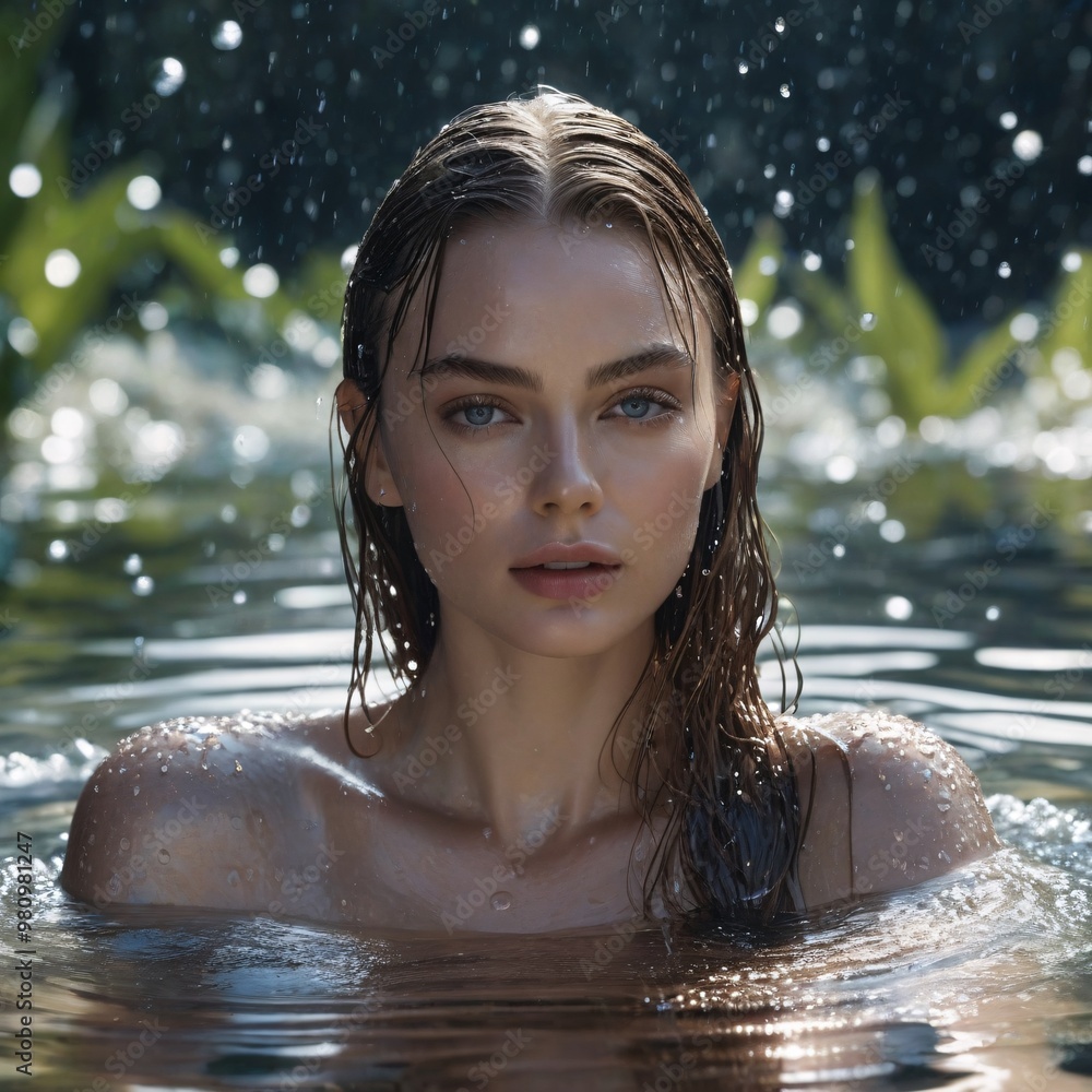 Obraz premium photo of a woman in the water, drops, frameless, droplets, full shot photograph, wet amphibious skin, covered generative ai