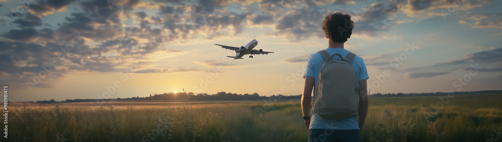 A peaceful image of a man observing a plane as it approaches for landing, with the warm hues of the sunset filling the sky, embodying the spirit of exploration and reflection. A peaceful image of a man observing a plane as it approaches for landing, with the warm hues of the sunset filling the sky, embodying the spirit of exploration and reflection.