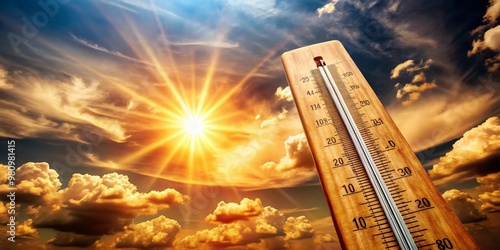 Scorching hot thermometer reads 108 degrees Fahrenheit, equivalent to 42 degrees Celsius, against a blurred sunny