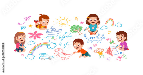 little kid and friend drawing on wall with paint and feel happy