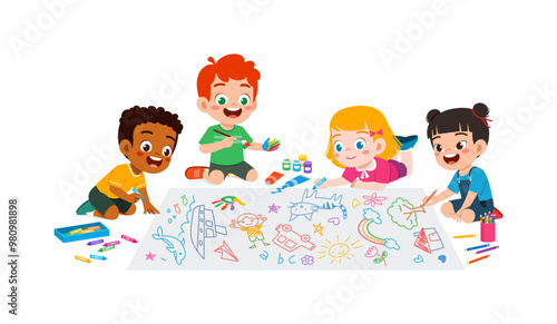 little kid and friend drawing on big paper with paint and feel happy