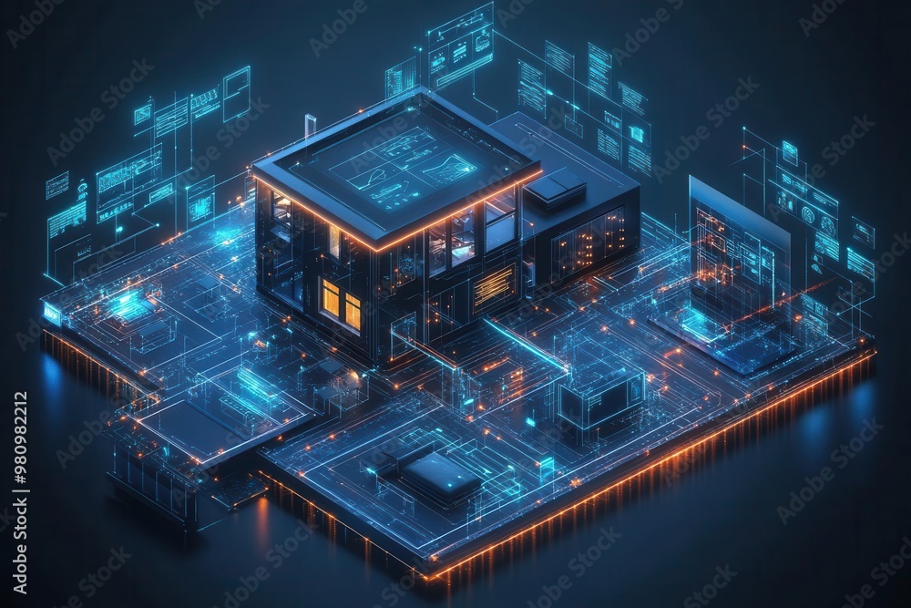 Fototapeta premium smart home concept illustration with connected devices and appliances holographic interface showing energy usage and automation controls futuristic living space