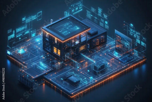 smart home concept illustration with connected devices and appliances holographic interface showing energy usage and automation controls futuristic living space