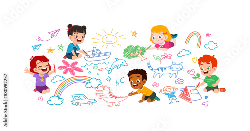 little kid and friend drawing on wall with paint and feel happy