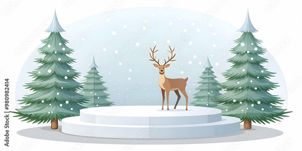 Flat Vector Illustration of a Festive Podium with Snow-Covered Tree and Reindeer for Holiday Promotions - Clear Copy Space in Center Flat Vector Illustration of a Festive Podium with Snow-Covered Tree and Reindeer for Holiday Promotions - Clear Copy Space in Center