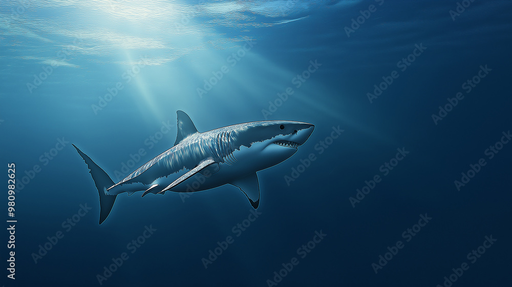 A great white shark gliding through the deep blue ocean, its sharp, streamlined body highlighted by a ray of sunlight cutting through the water, emphasizing its power and stealth A great white shark gliding through the deep blue ocean, its sharp, streamlined body highlighted by a ray of sunlight cutting through the water, emphasizing its power and stealth