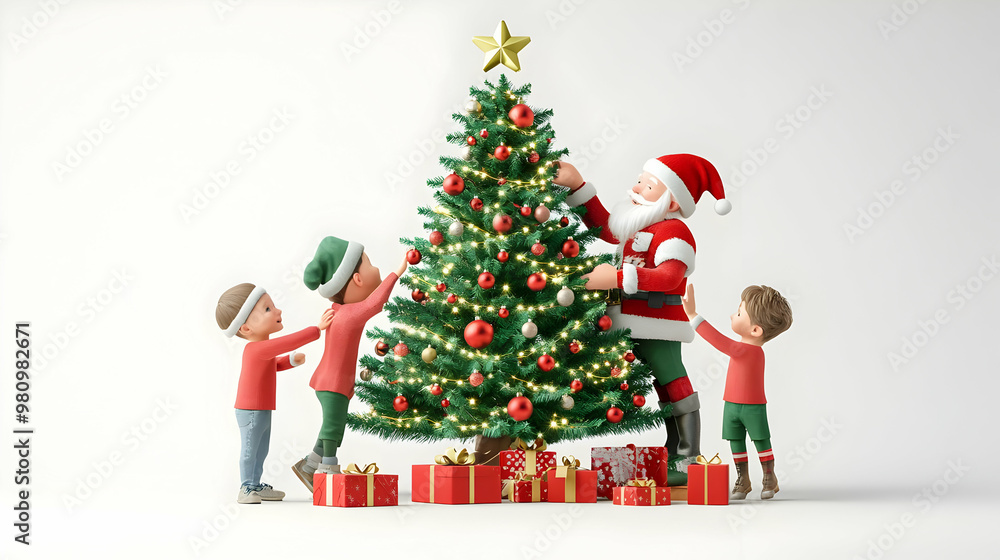 3D Santa Claus Helping Children Decorate Christmas Tree - Joyful Candid Moment of Holiday Teamwork in Iconic Style on White Background 3D Santa Claus Helping Children Decorate Christmas Tree - Joyful Candid Moment of Holiday Teamwork in Iconic Style on White Background