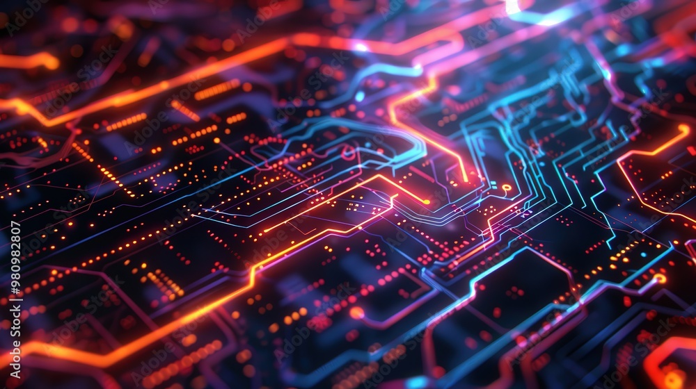 This abstract technology background showcases a blend of geometric shapes and glowing circuit patterns This abstract technology background showcases a blend of geometric shapes and glowing circuit patterns