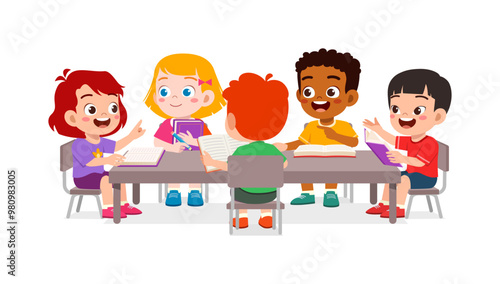 little kid study together on table with friend