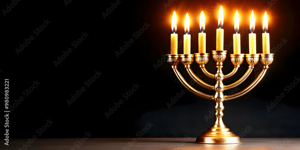 3D Glossy Hanukkah Menorah with Flickering Digital Flames on Dark Background � Perfect for Modern Holiday Banners with Ample Copy Space 3D Glossy Hanukkah Menorah with Flickering Digital Flames on Dark Background � Perfect for Modern Holiday Banners with Ample Copy Space
