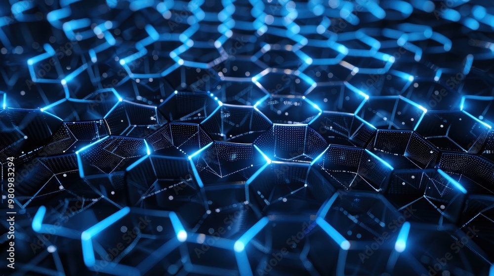 This abstract technology background showcases a mesh of digital hexagons and interconnected lines. This abstract technology background showcases a mesh of digital hexagons and interconnected lines.
