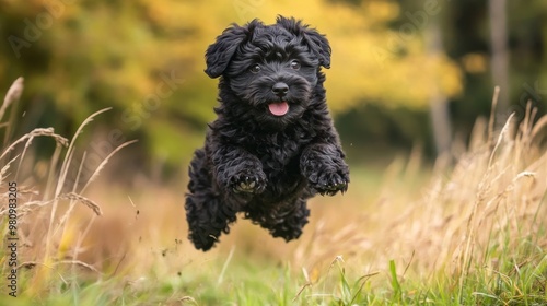 Playful Black Puli Puppy Frolicking in Tall Grass Under Natural Sunlight