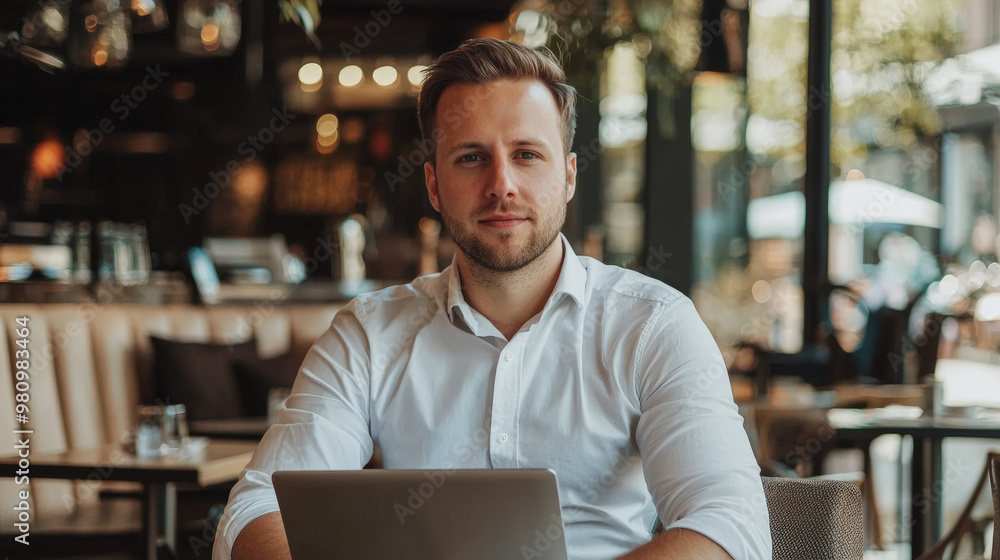 A confident businessman is working on laptop in modern cafe, showcasing professional atmosphere. warm lighting and stylish decor create an inviting environment for productivity A confident businessman is working on laptop in modern cafe, showcasing professional atmosphere. warm lighting and stylish decor create an inviting environment for productivity