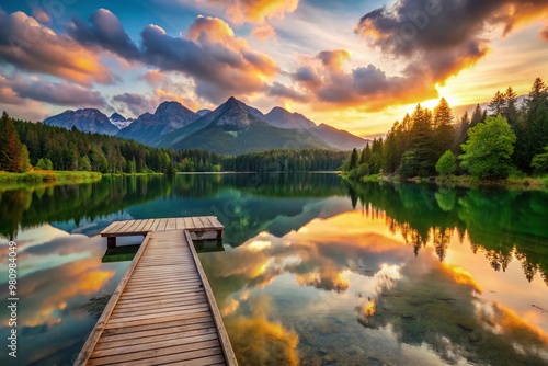 Serene lake Bleder See surrounded by lush green forests and majestic mountains, reflecting a picturesque sunset with a photo