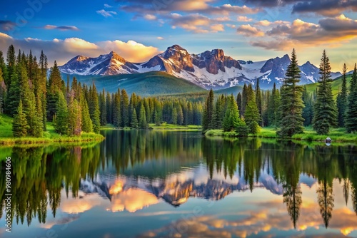 Serene mountain lake reflects snow-capped peaks at dawn, surrounded by lush green forests and rugged terrain in