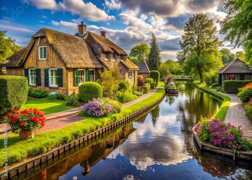 Serene rural village of Giethoorn, Netherlands, with ancient thatched-roof cottages, winding canals, and lush greenery,