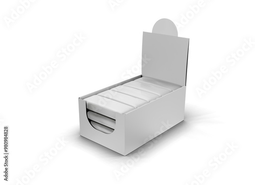 Mockup Display Holder Box Cardboard Filled Blank Empty. Chocolate, Protein Bar. Mock Up, Template. On White Background Isolated. Mockup Product Packing, 3d illustration, 3d rendering