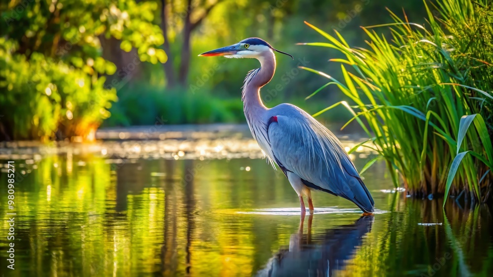 Serene wetland scene featuring a majestic blue heron standing still, its slate-gray feathers glistening in the soft Serene wetland scene featuring a majestic blue heron standing still, its slate-gray feathers glistening in the soft