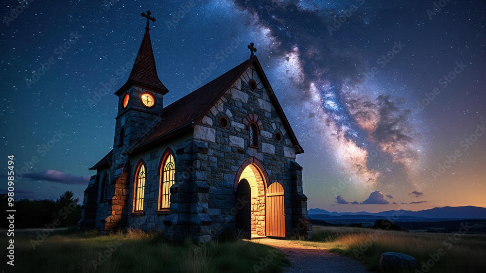 Concept of religion and the cosmos. A small stone church stands illuminated beneath the night sky and milky way. Concept of religion and the cosmos. A small stone church stands illuminated beneath the night sky and milky way.