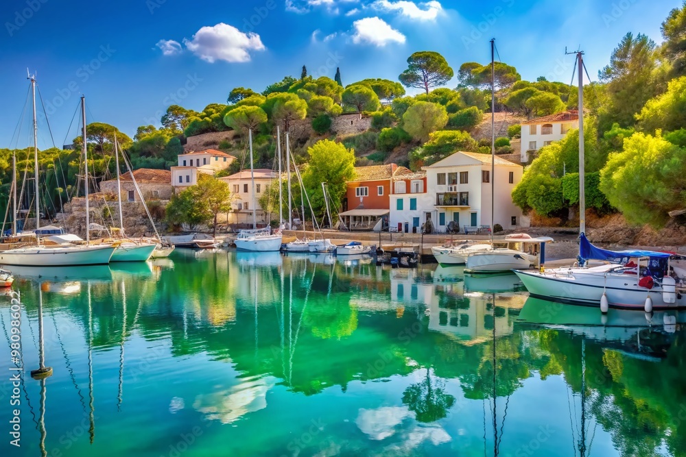 Serenely moored sailboats and yachts reflect off calm turquoise waters in a picturesque Mediterranean harbor, Serenely moored sailboats and yachts reflect off calm turquoise waters in a picturesque Mediterranean harbor,