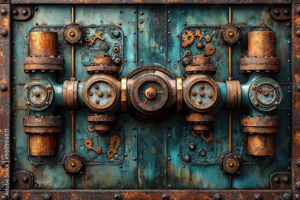 steampunkinspired rusty machinery wall intricate gears pipes and valves rich textures warm metallic hues steampunkinspired rusty machinery wall intricate gears pipes and valves rich textures warm metallic hues