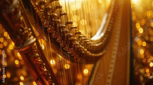 An intricately designed golden harp with finely detailed strings and ornate decorations basking in warm, radiant light, creating a magical and elegant atmosphere