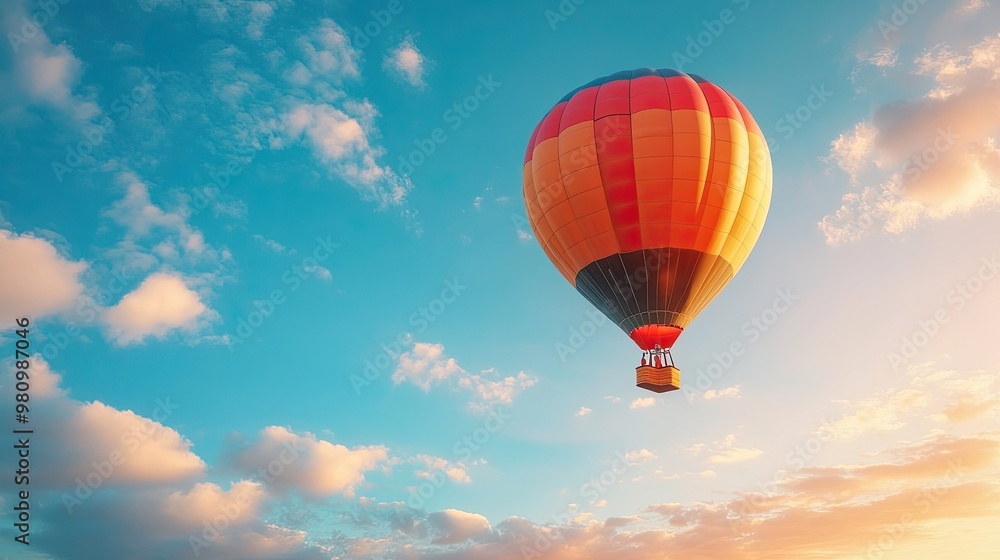 A hot air balloon floats through the sky, offering a breathtaking view A hot air balloon floats through the sky, offering a breathtaking view