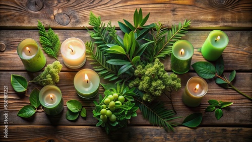 Vibrant greenery surrounds serene candles on a wooden table, creating a peaceful ambiance in this flat lay mockup perfect for relaxation and wellness themes. photo