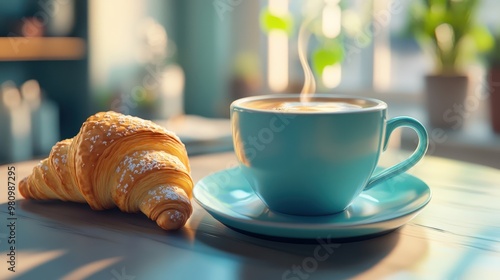 Coffee cup with croissant, cozy breakfast table, 3D illustration