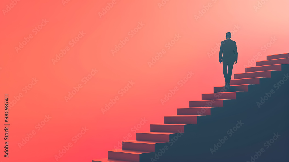 Ambitious business man climbing stairs to meet incoming challenge and business opportunity. The high stair represents the concept of career path success, future planning, and business Ambitious business man climbing stairs to meet incoming challenge and business opportunity. The high stair represents the concept of career path success, future planning, and business