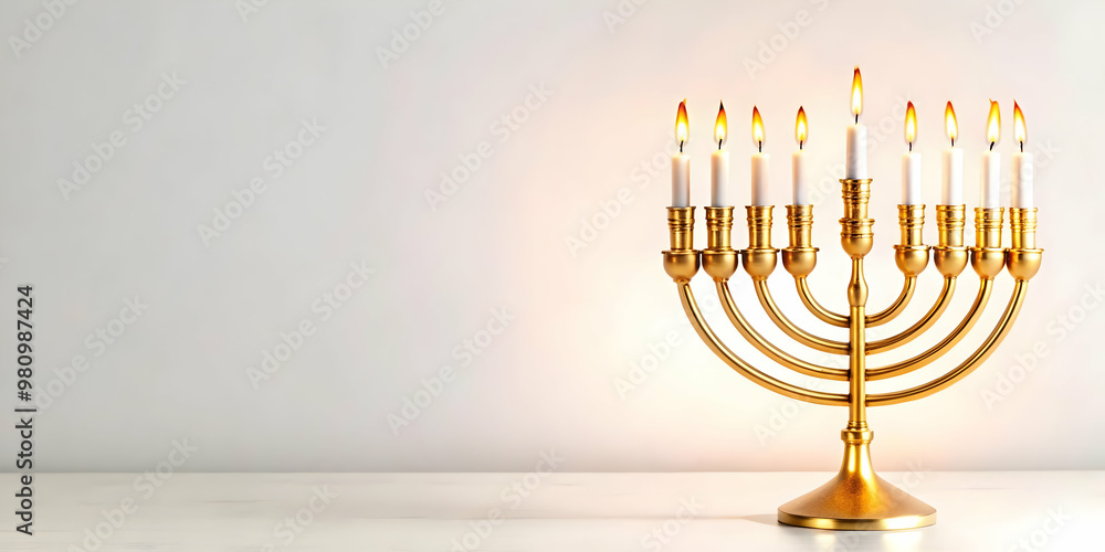 Modern Flat Glowing Menorah with Abstract Candle Flames - Futuristic Digital Art for Hanukkah Ecommerce Banners Modern Flat Glowing Menorah with Abstract Candle Flames - Futuristic Digital Art for Hanukkah Ecommerce Banners