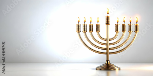 3D Minimalist White Background with Elegant Glowing Menorah and Hanukkah Candles Silhouette - Perfect for Festive Promotions