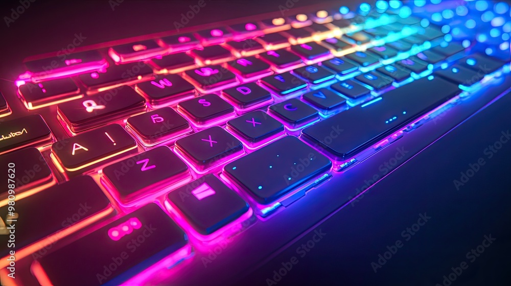 A keyboard with glowing keys, illuminated by a neon light A keyboard with glowing keys, illuminated by a neon light