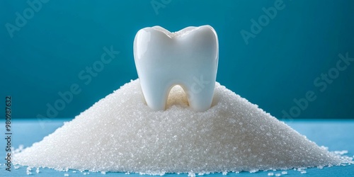 Plastic tooth in big pile of sugar. Sugar destroys tooth enamel leads to tooth