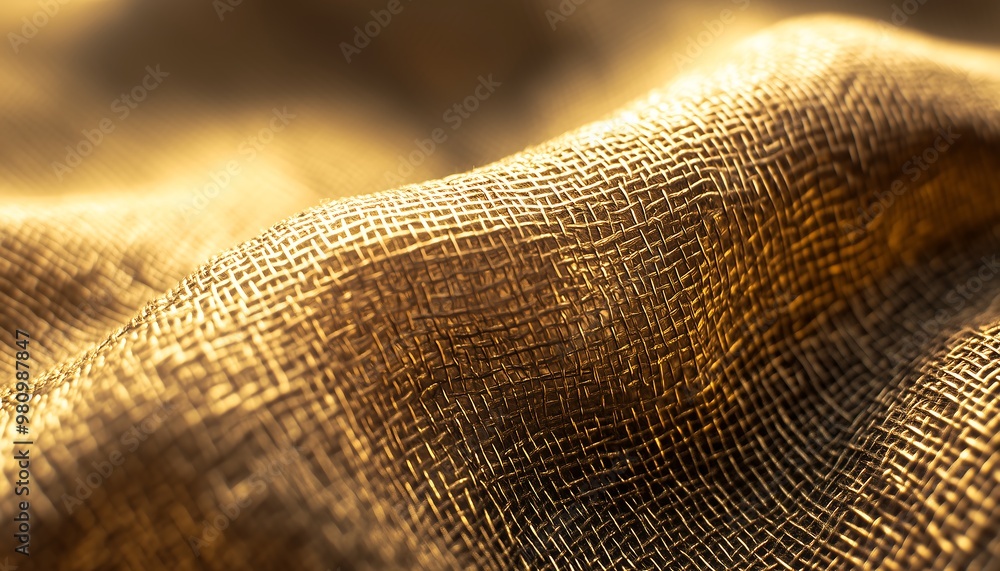 Close-up of golden fabric texture showing detailed threads and weave Close-up of golden fabric texture showing detailed threads and weave