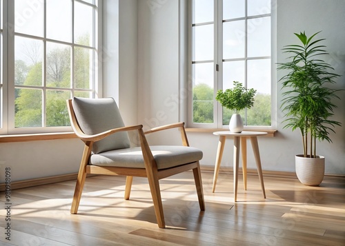 Sleek, minimalist wooden chair with curved legs and cushioned seat in a bright, airy living room with large