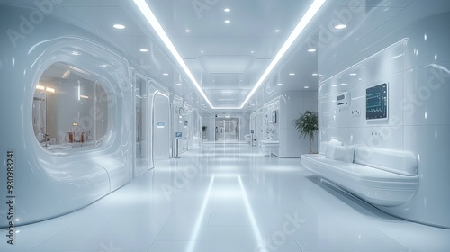 Sleek, futuristic hallway in a high-tech medical facility.