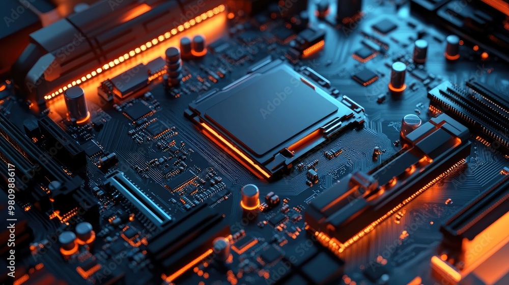 A motherboard with various components, including a CPU and RAM A motherboard with various components, including a CPU and RAM