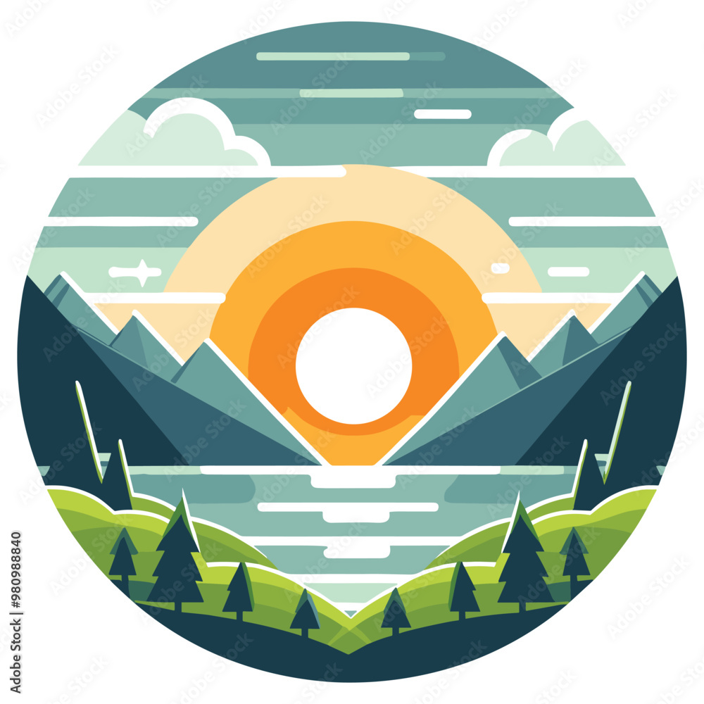 Fototapeta premium Minimalist geometric landscape illustration, green and orange, sunrise in mountains round wall art