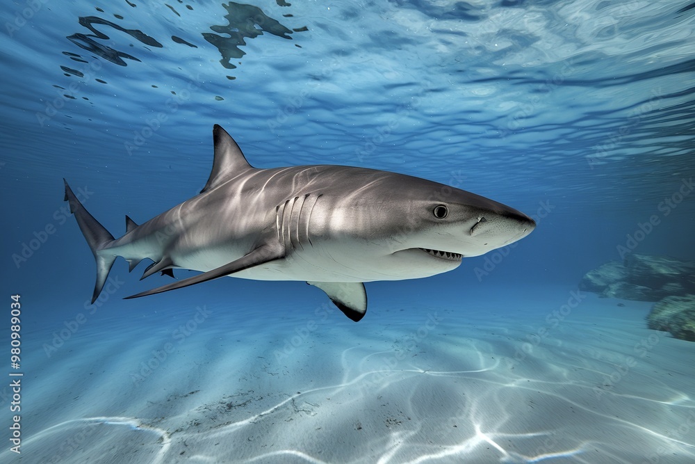 Fototapeta premium A large gray shark swimming in clear blue water