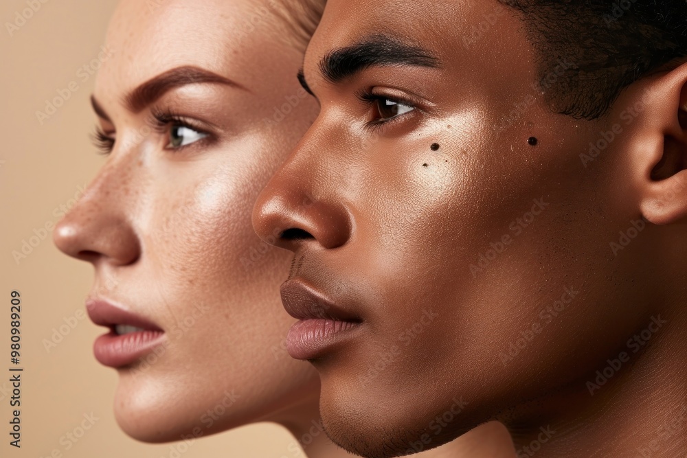 Obraz premium Diversity women and men close-up facial adult skin togetherness.