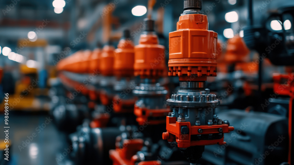 Close-up of an industrial assembly line featuring orange machinery parts, emphasizing manufacturing and production technology. Close-up of an industrial assembly line featuring orange machinery parts, emphasizing manufacturing and production technology.