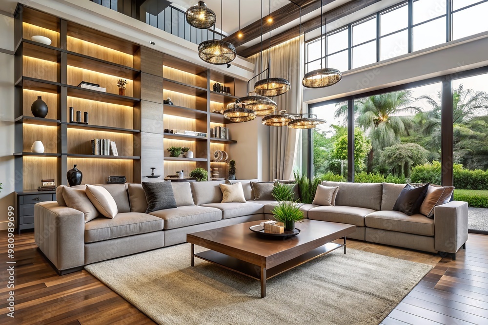 Sleek sectional sofa anchors a spacious, high-ceilinged living room with a neutral color palette, accented by a Sleek sectional sofa anchors a spacious, high-ceilinged living room with a neutral color palette, accented by a