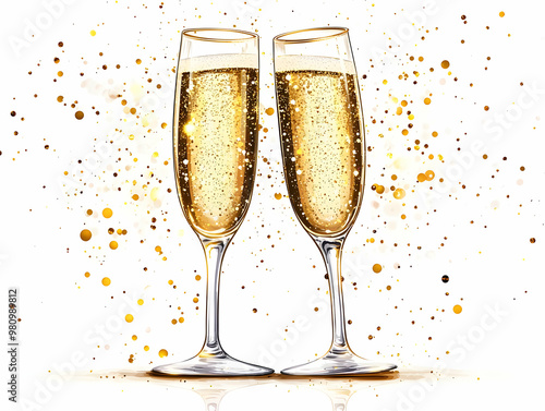 Flat Glossy Champagne Celebration: A Vector Illustration of Festive Champagne Glasses with Golden Bubbles for Joyous New Year 2025