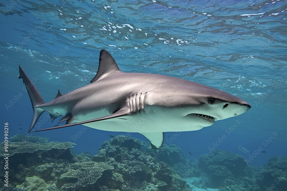 Naklejka premium A large gray shark swimming in clear blue water