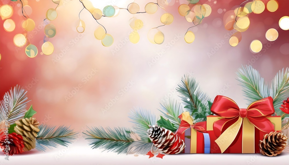christmas and new year background - gift boxes and pine cones and branches on the background of bokeh garlands christmas and new year background - gift boxes and pine cones and branches on the background of bokeh garlands