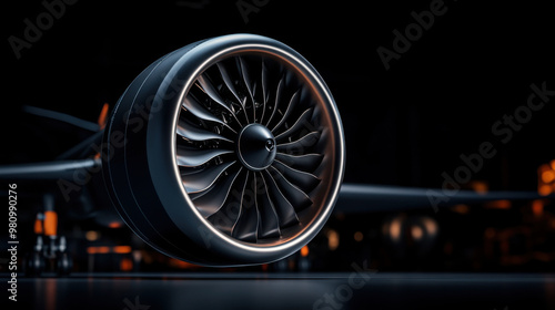 Detailed close-up of a modern aircraft engine turbine, showcasing its sleek design and engineering precision.