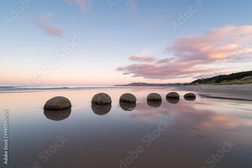 Koekohe Beach with the Moeraki Boulders and a dramatic sky over New Zealand's Otago coastline photo